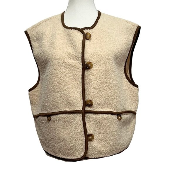 NWT HOUSE OF HARLOW 1960 CREAM BROWN SHERPA CROPPED OVERSIZED VEST - L - Picture 1 of 9
